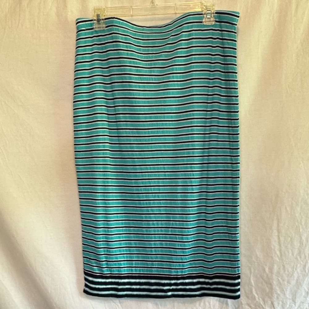 F-188 Sophie Max Teal Black & White Stripe Elastic Waist Maxi Skirt Size XL